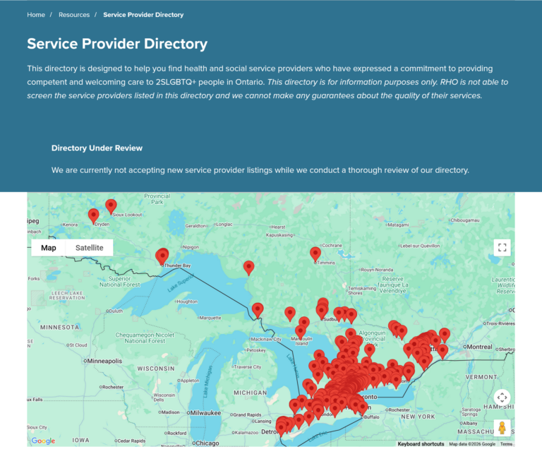 Map of service providers of Ontario on the Rainbow Health Ontario website.